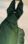 Abito lungo da sera verde ombra in chiffon con collo all'americana, abito da ballo scintillante Y7481