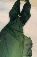 Abito lungo da sera verde ombra in chiffon con collo all'americana, abito da ballo scintillante Y7481