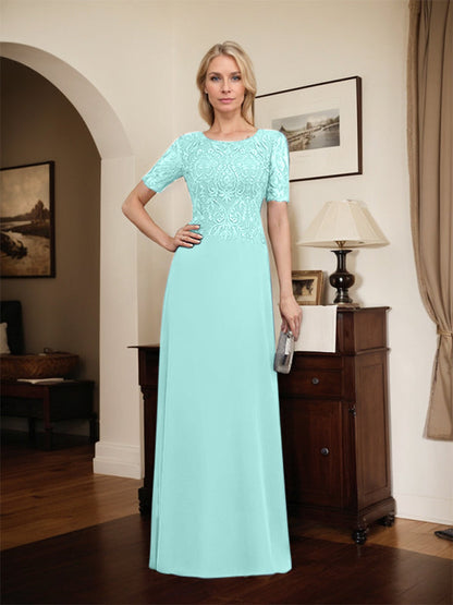A-Linie U-Ausschnitt Bodenlang Spitzen-Chiffon-Kleid für die Brautmutter mit Pailletten
