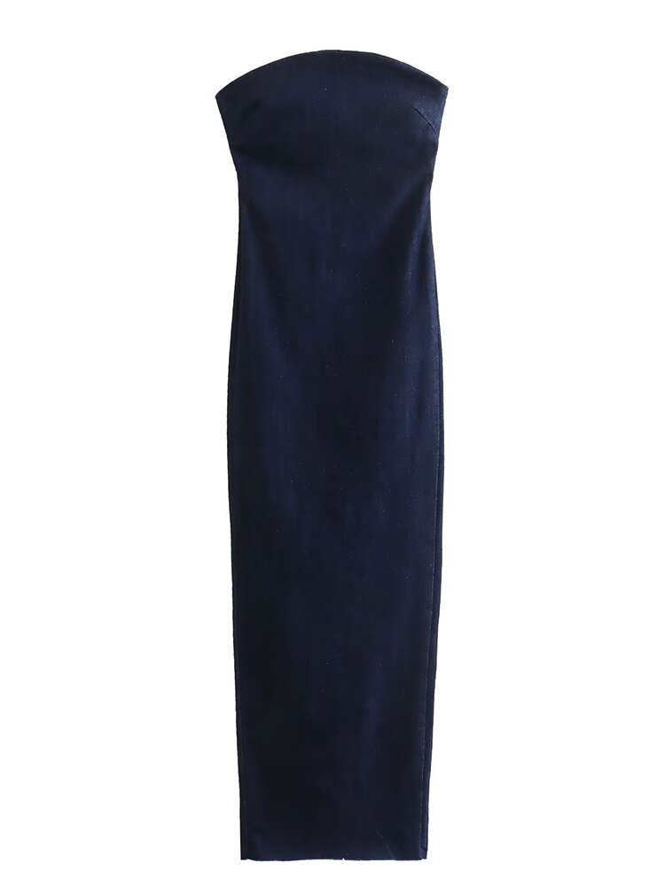 Sexy trägerloses, rückenfreies Reißverschluss-Split-Kleid, Party-Blue-Denim-Kleid für Damen, langes Kleid für Damen, Sommer-Abendkleider 