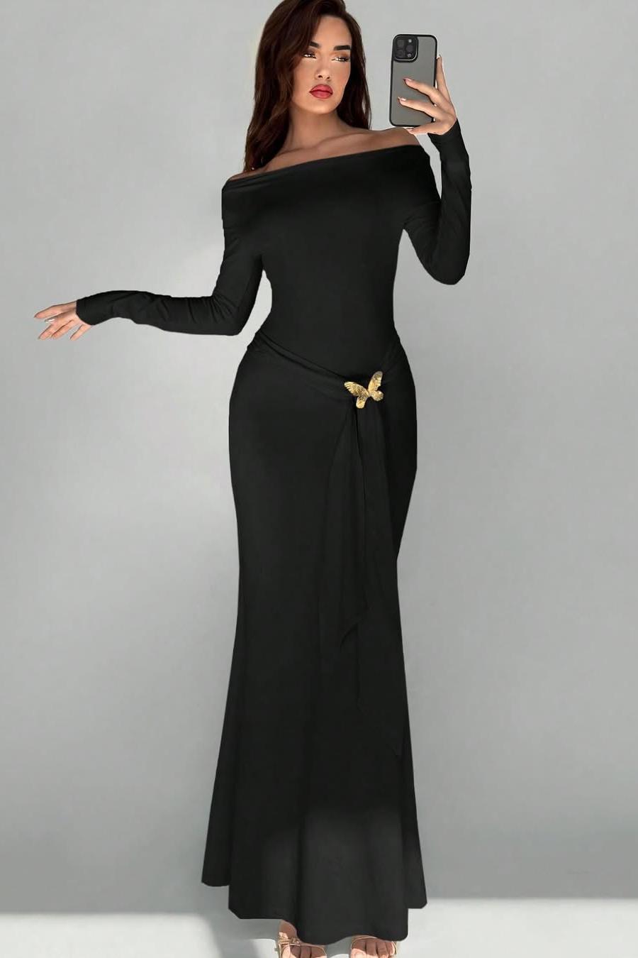 Off Shoulder Mermaid Prom Dress With Appliques And Long Sleeves