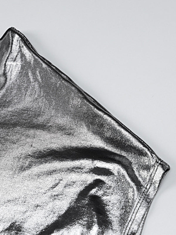 Skinny Asymmetric Shiny Solid Color Split-Joint One-Shoulder Evening Dresses Mini Dresses