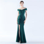 Classic Satin Off Shoulder Long Evening Dress – Elegant & Timeless