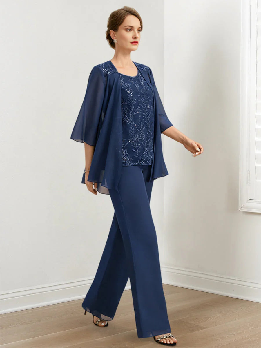 بدلات بنطلون من الشيفون لأم العروس مع الترتر والسترة