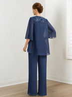 بدلات بنطلون من الشيفون لأم العروس مع الترتر والسترة