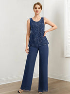 بدلات بنطلون من الشيفون لأم العروس مع الترتر والسترة