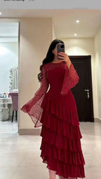 Vestido de fiesta para mujer con lentejuelas, vestido de noche burdeos de gasa con volantes Y7616
