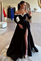 Modern Off Shoulder Prom Dress With Pearls Long Sleeve A Line Slit