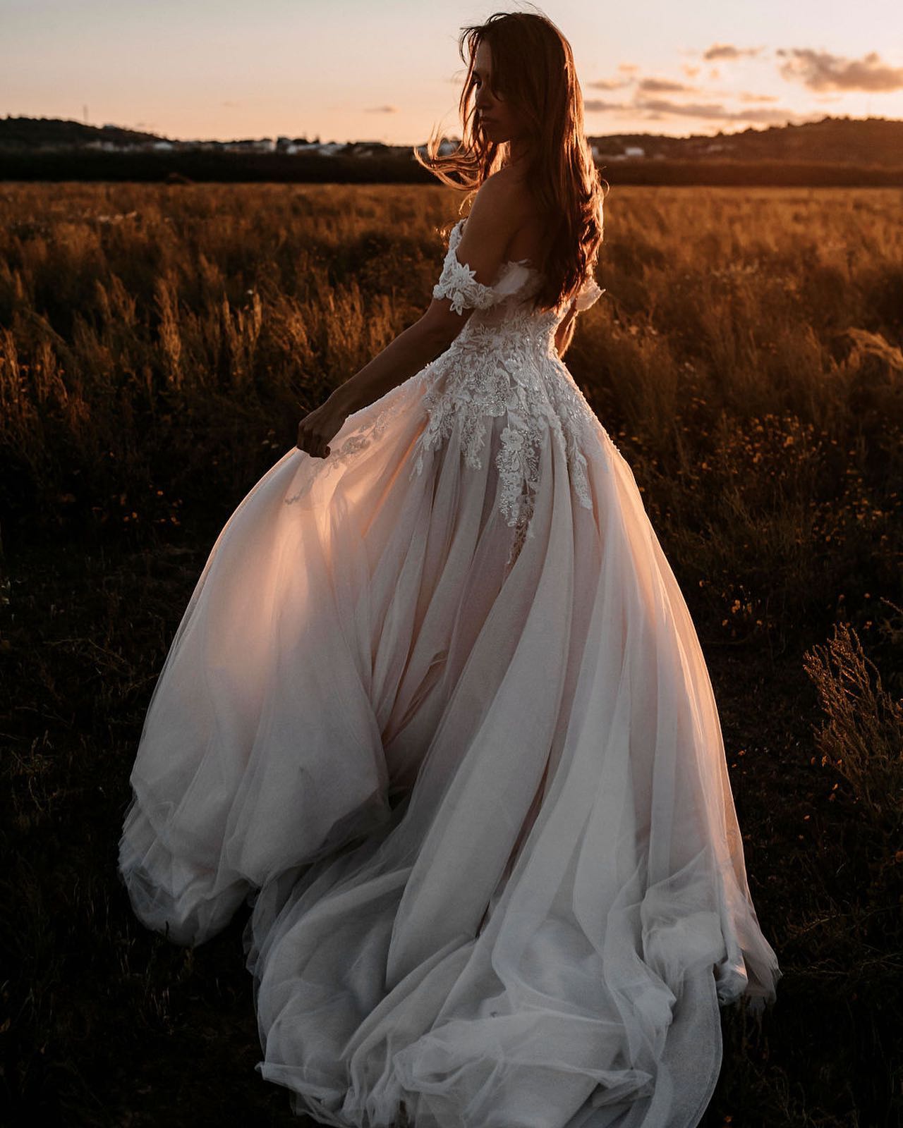 Glamorous Tulle Off The Shoulder Train Aline Wedding Dress With Lace Appliques