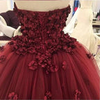 Charming Strapless Burgundy Tulle Ball Gown With Hand Flowers Y1218