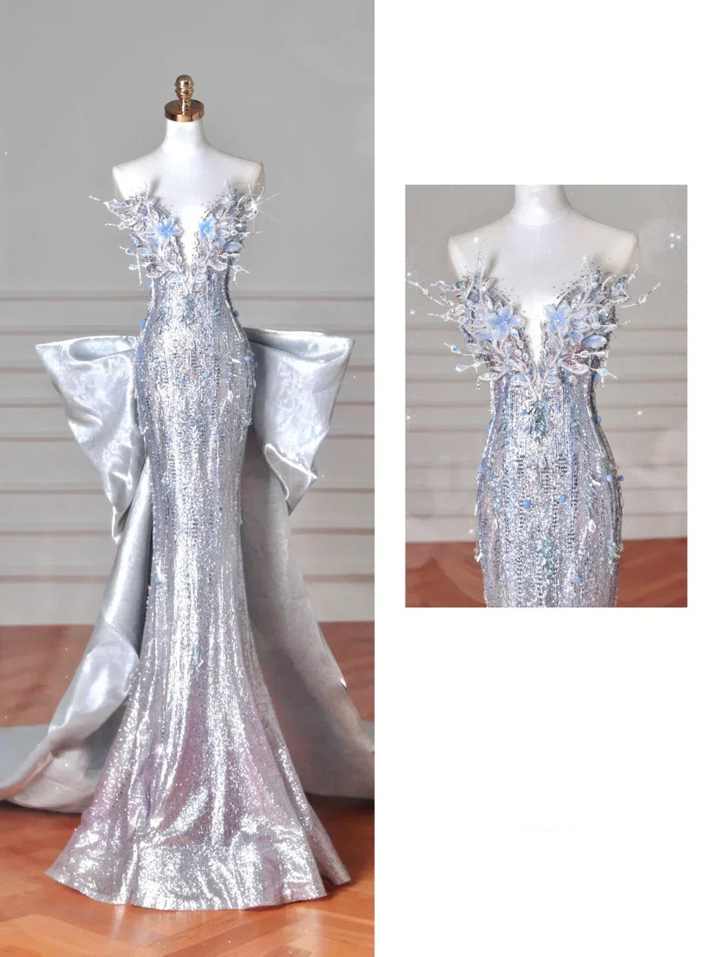 Abito da sera lungo da sirena con perline 3D e paillettes argento di lusso, abito lungo da ballo con fiocco Y8640