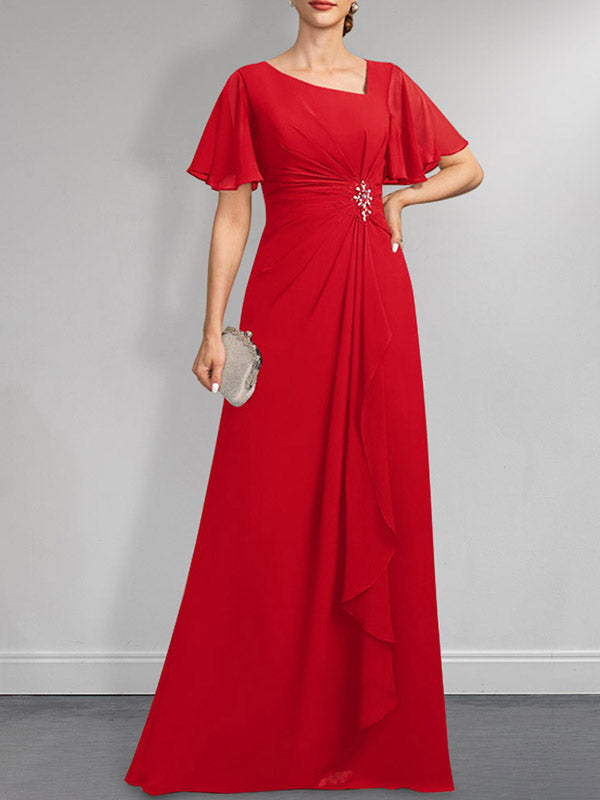 Robe de mère de la mariée en mousseline asymétrique longue jusqu'au sol, coupe en A, ornée de perles plissées et de paillettes