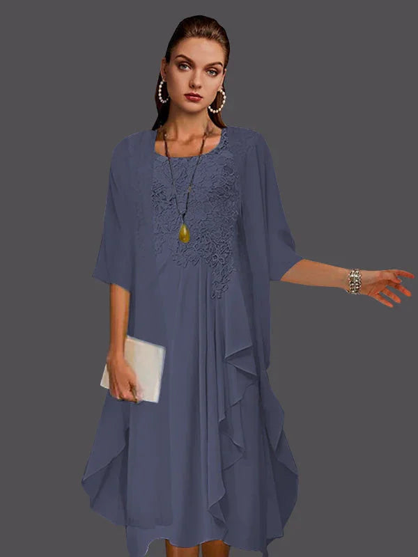 Vestidos de dos piezas con chaqueta sin mangas de encaje de gasa en línea A con pliegues y apliques