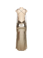 Metallic Coated Deep Neck Backless Evening Dress