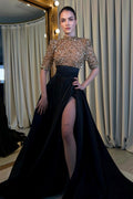 Long Prom Dress Half Sleeves High Slit Custom 70 Colors Available