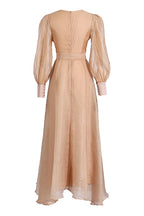 Abito da sera con scollo a V, maniche a palloncino, cinturino e orlo sfrangiato alto-basso in stile celebrity