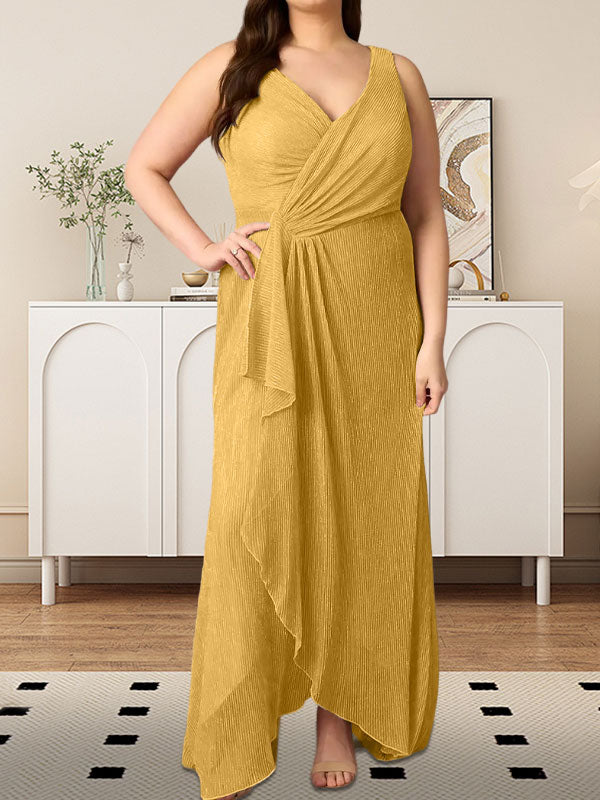 A-Linien-Kleid mit V-Ausschnitt und gerüschtem Metallic-Netzstoff