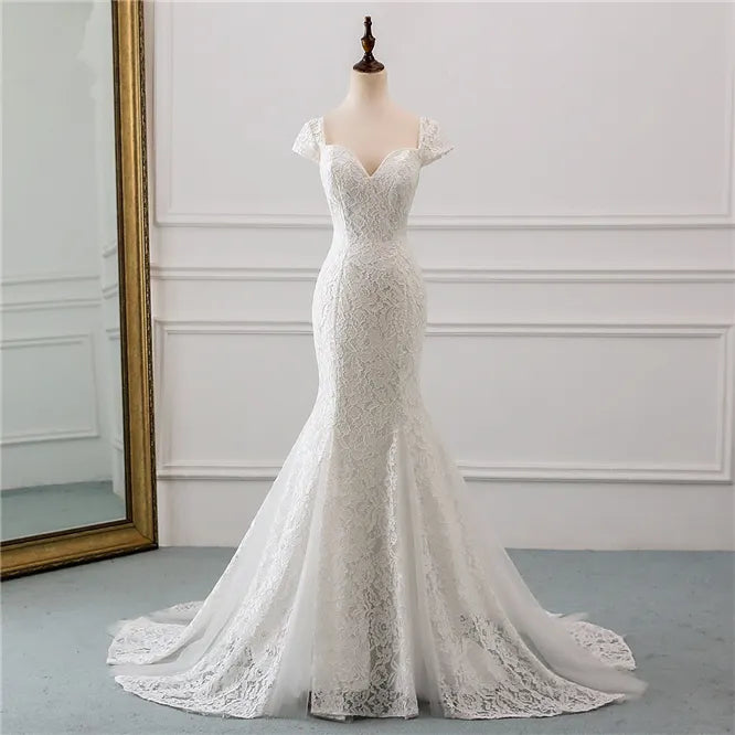 Mermaid Lace Wedding Dress With Cap Sleeves And Sweetheart Neckline