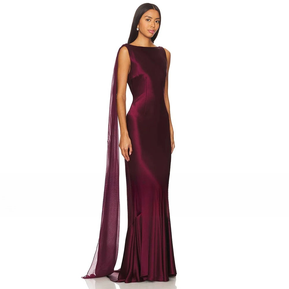 Burgundy Mermaid Women's Evening Gown Boat Neck Evening Dress For Wedding  Sleeveless  Long Backless Formal Dress