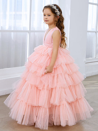 Ball-Gown/Princess Pearl Pink Sleeveless Tulle Bow Flower Girl Dress