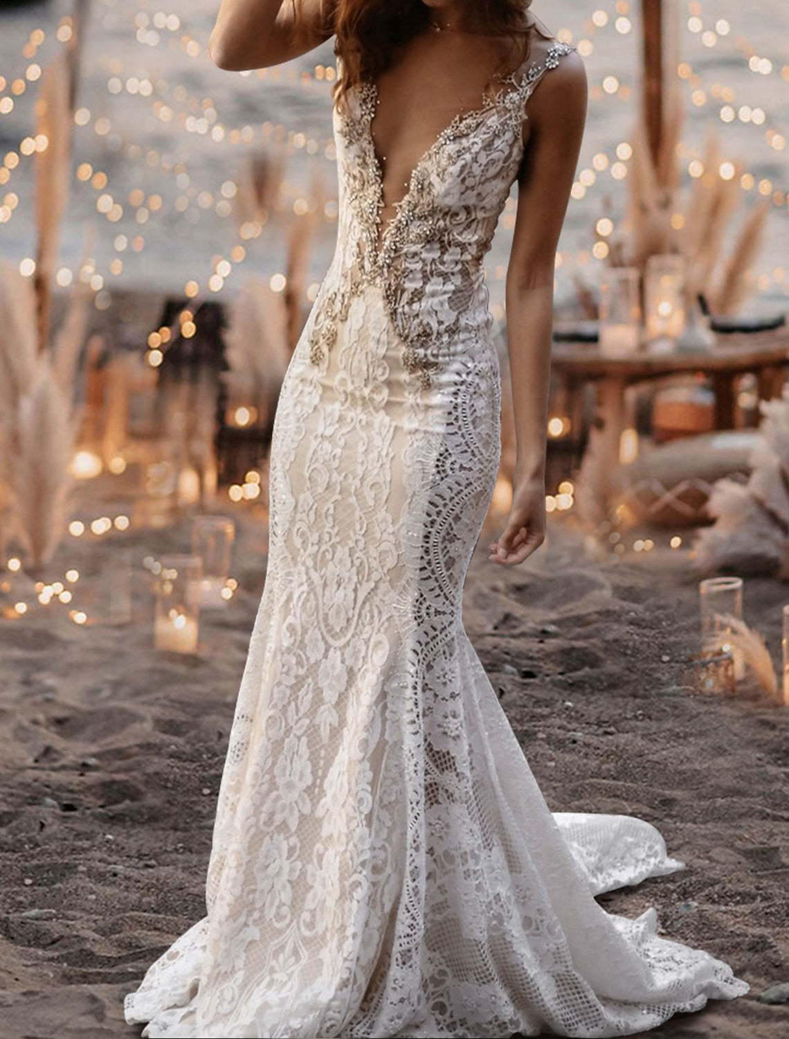 Sheer Straps Lace Mermaid Wedding Dress With Chapel Train Beading