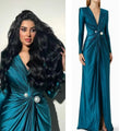Abito da sera formale elegante da donna con scollo a V, maniche lunghe, perline, arricciato, lungo fino a terra, per matrimonio e festa di gala