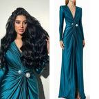 Abito da sera formale elegante da donna con scollo a V, maniche lunghe, perline, arricciato, lungo fino a terra, per matrimonio e festa di gala
