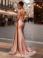 Champagne Gold Crystal Beaded Corset Prom Dress With High Slit