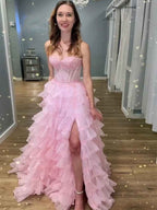 Pink Strapless Corset Prom Dress With Tiered Ruffles Lace Applique