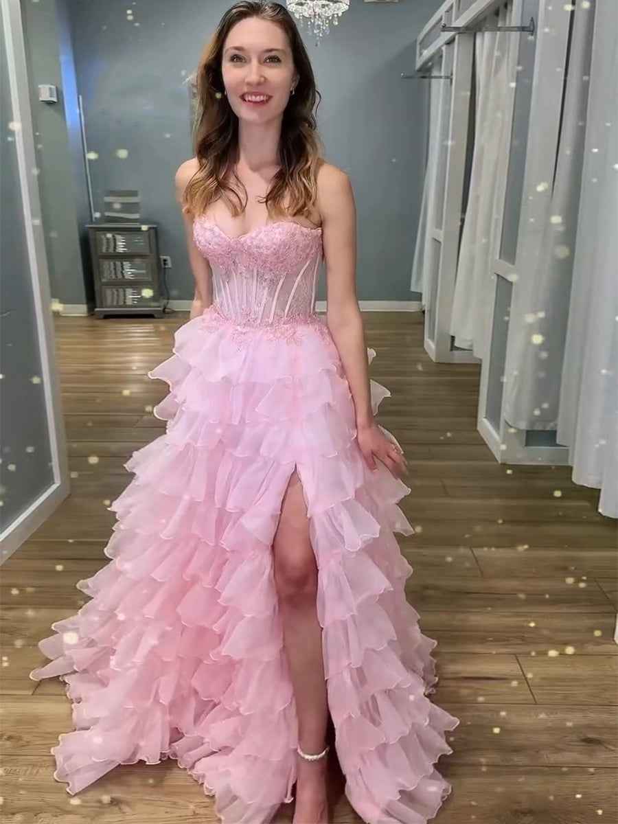 Pink Strapless Corset Prom Dress With Tiered Ruffles Lace Applique