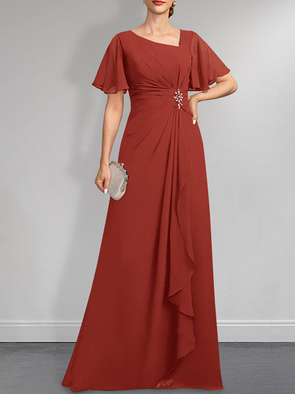 Robe de mère de la mariée en mousseline asymétrique longue jusqu'au sol, coupe en A, ornée de perles plissées et de paillettes