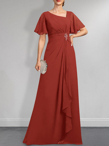 Vestido de gasa para madre de la novia, corte A, asimétrico, largo hasta el suelo, con lentejuelas y cuentas plisadas