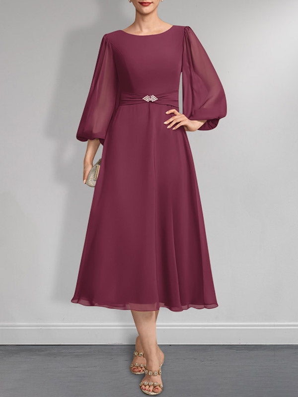 A-Linie U-Ausschnitt Wadenlang Chiffon Mutter der Braut Kleid Mit Kristall Brosche Plissee