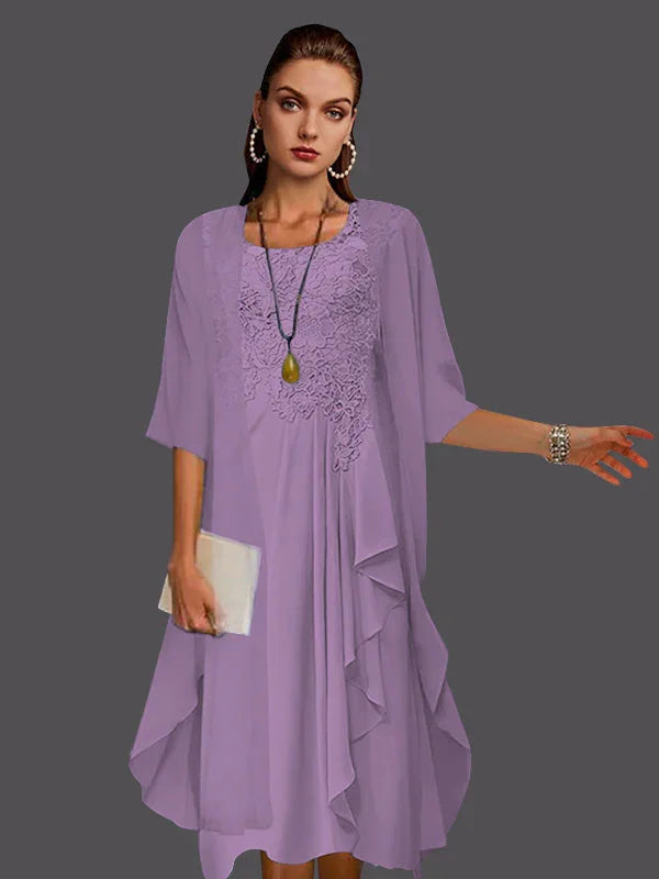 Vestidos de dos piezas con chaqueta sin mangas de encaje de gasa en línea A con pliegues y apliques