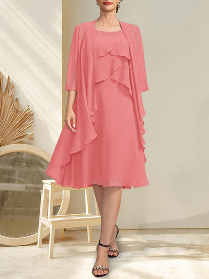 A-Linie U-Ausschnitt Knielang Chiffon Kleid für die Brautmutter mit Perlenbesatz