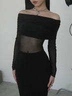 Lange Ärmel, schmal, plissiert, durchsichtig, einfarbig, mit Schlitz, schulterfrei, Abendkleider, Maxikleider 