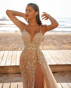 Elegant Side Train Mermaid Wedding Dress With Spaghetti Straps Lace Appliques