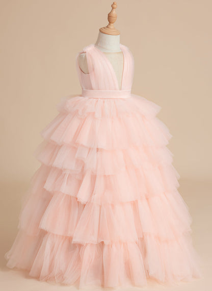 Ball-Gown/Princess Pearl Pink Sleeveless Tulle Bow Flower Girl Dress