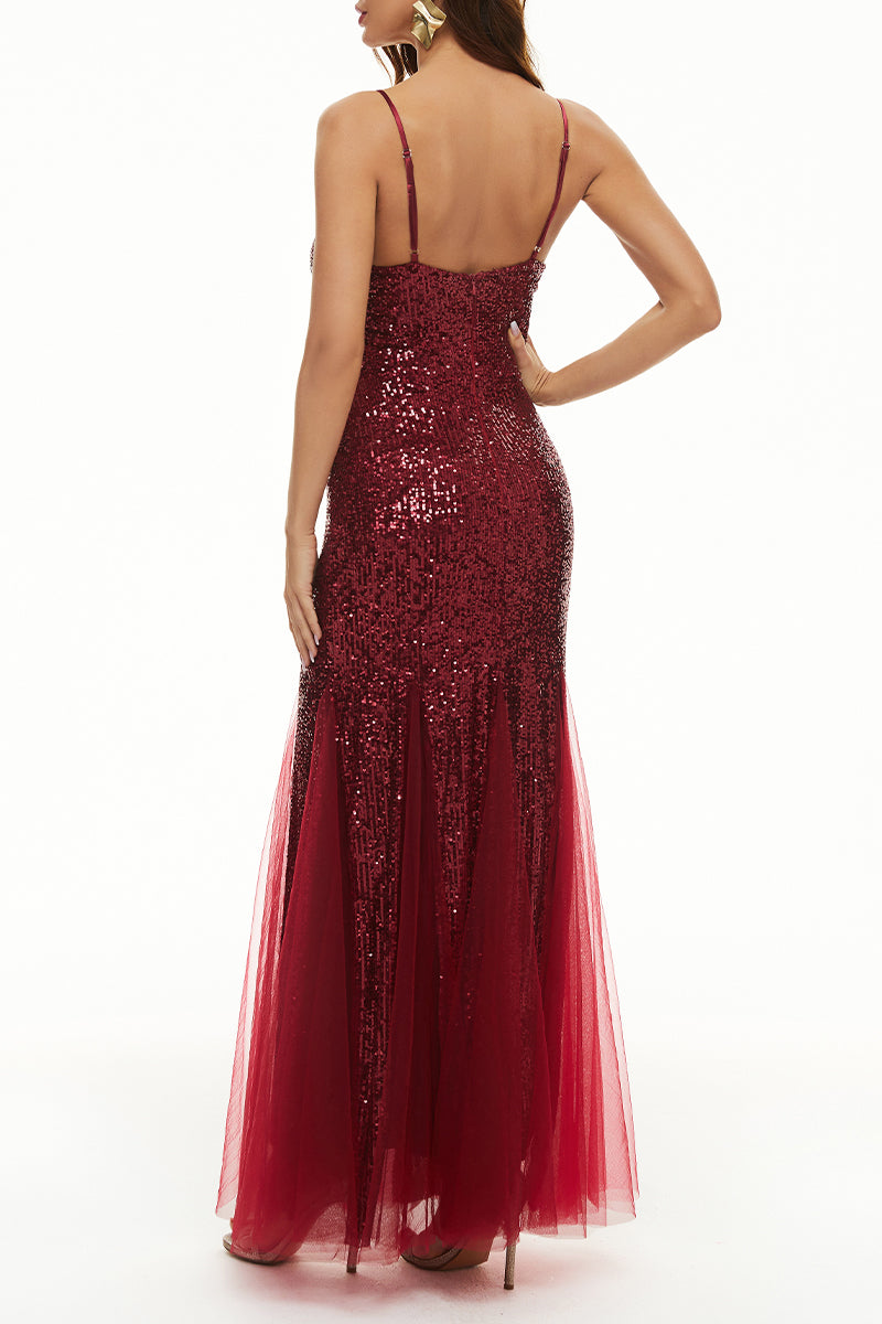 Sexy formelles, solides Patchwork-Abendkleid mit V-Ausschnitt 