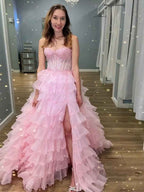 Pink Strapless Corset Prom Dress With Tiered Ruffles Lace Applique