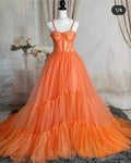 Abito da sera arancione in tulle con spalline sottili, vestito da ballo seducente Y1243