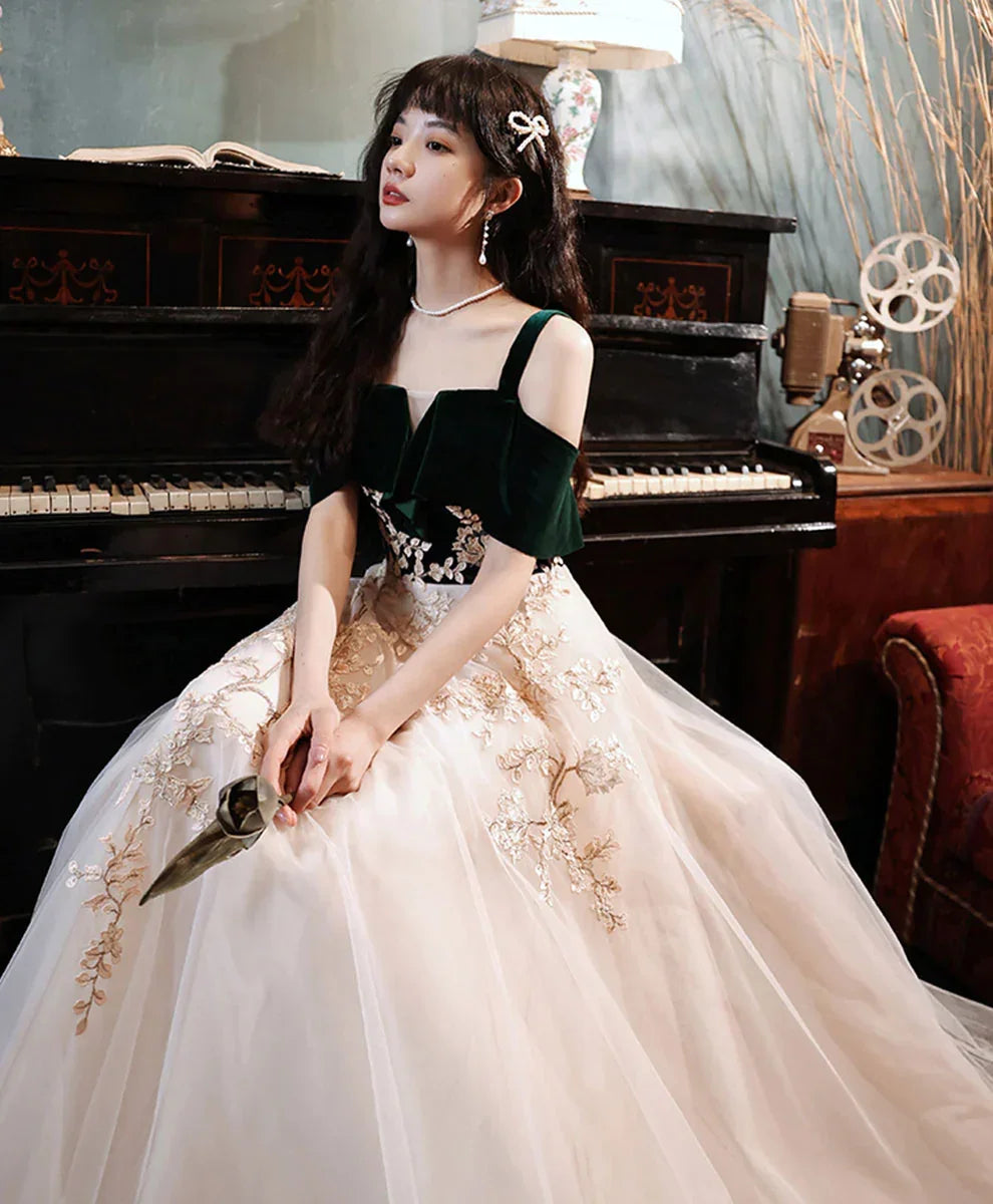 Abito lungo da sera verde in tulle e pizzo a linea ad A, abito formale verde da sera Y1928