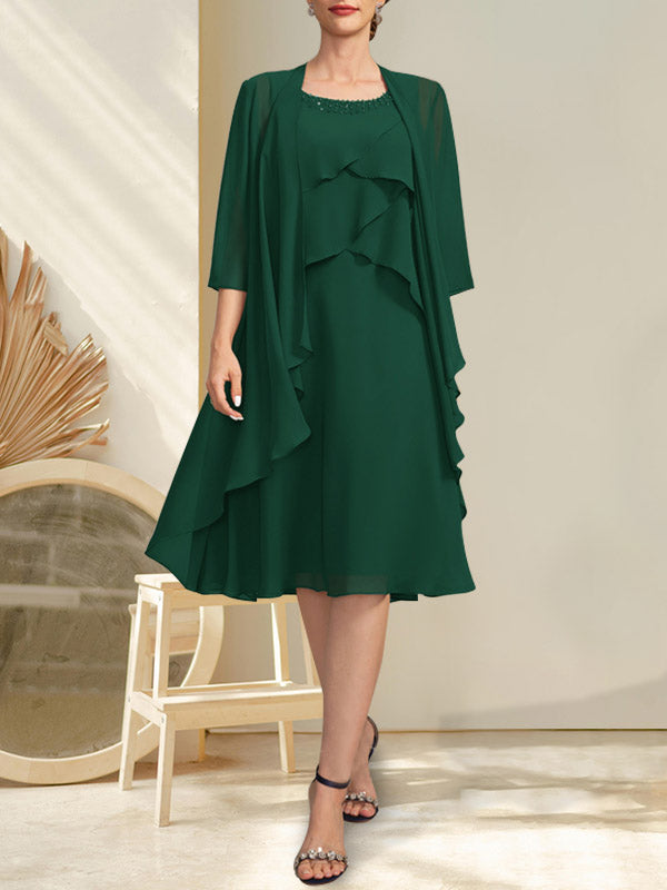 A-Linie U-Ausschnitt Knielang Chiffon Kleid für die Brautmutter mit Perlenbesatz