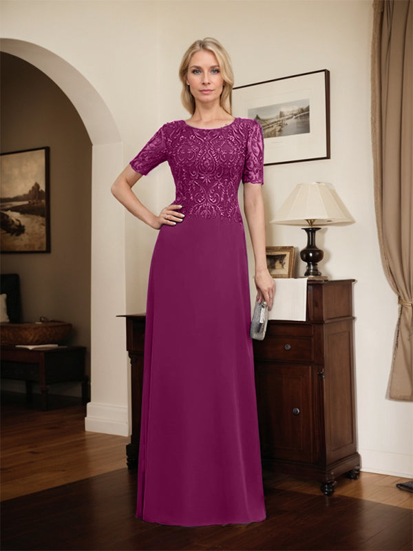 Robe de mère de la mariée en dentelle et mousseline, longueur au sol, en ligne A, décolleté en U, ornée de paillettes