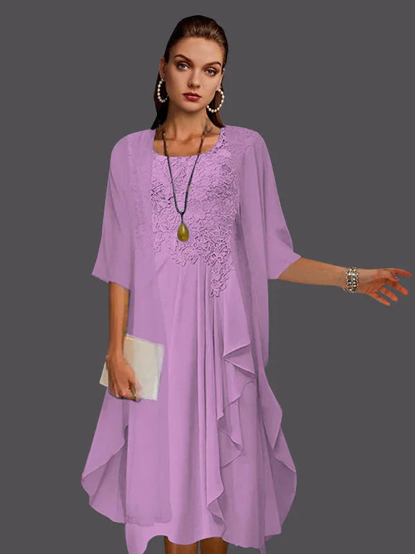 Vestidos de dos piezas con chaqueta sin mangas de encaje de gasa en línea A con pliegues y apliques