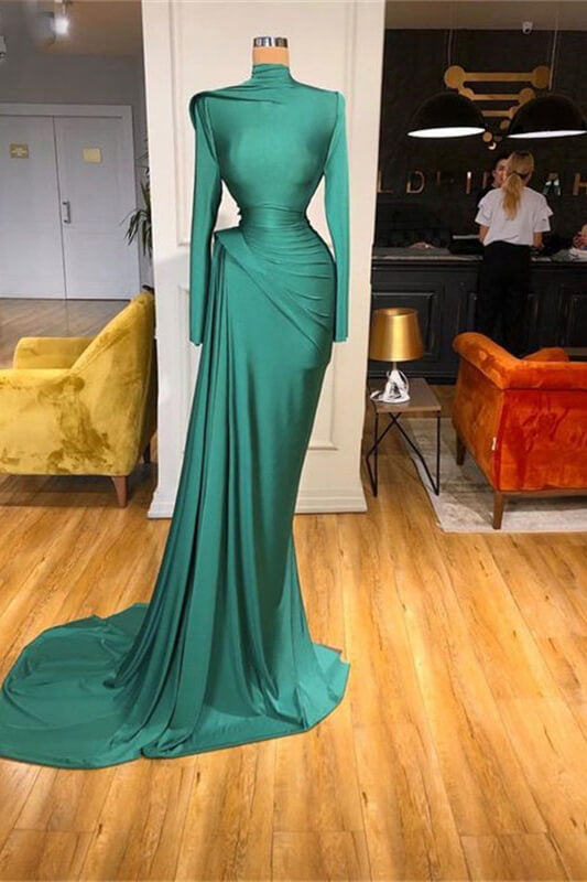 High Neck Long Sleeves Ruffled Mermaid Floor Length Prom Dress