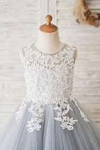 Blue Sweetheart Flower Girl Dress Lace Tulle Floor Length Sleeveless