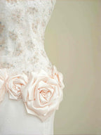 Abito da sera elegante rosa chiaro in raso con pizzo, paillettes e perline, spacco, modello sirena, abito da ballo Y8672