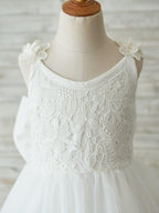 Ivory Lace Tulle Knee Length 3D Flower Girl Dress With V Back