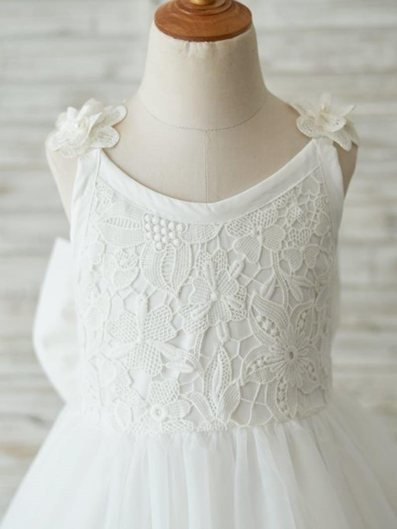 Ivory Lace Tulle Knee Length 3D Flower Girl Dress With V Back